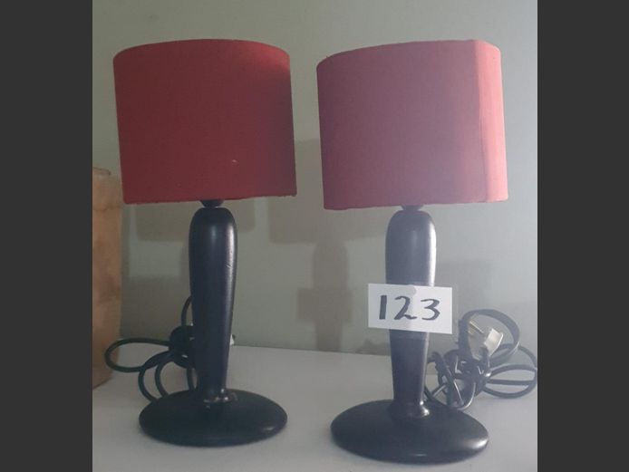 PAIR DARKWOOD BEDSIDE LAMPS WITH RED SHADES 