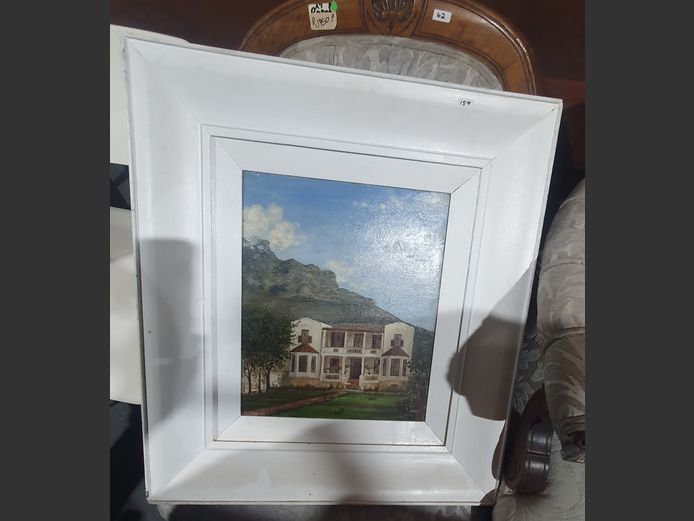 WHITE FRAMED OIL ON BOARD "FARM HOUSE", 38 x 31cm