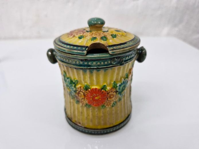 Vintage Klimax Cottage Ware Hand Painted Majolica Lidded Mustard Pot