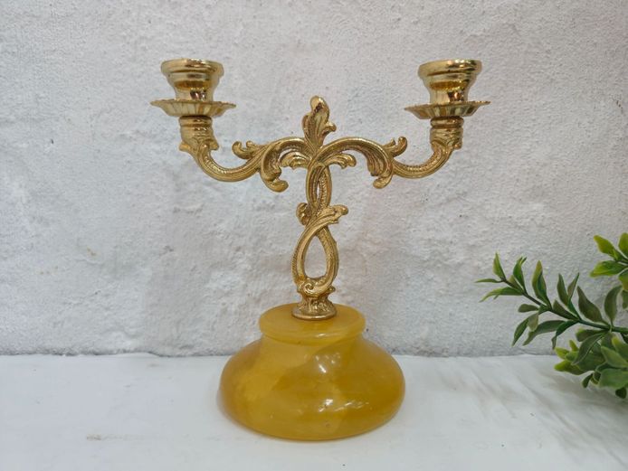 Vintage Two-Arm Brass-Tone Metal and Marble Candelabra