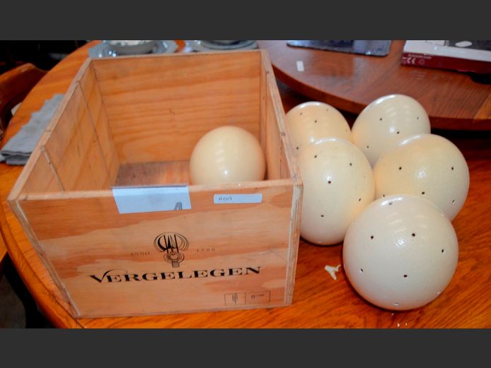 OSTRICH EGG LAMP SHADES & A WOODEN CRATE, 34 x 28 x 20cm