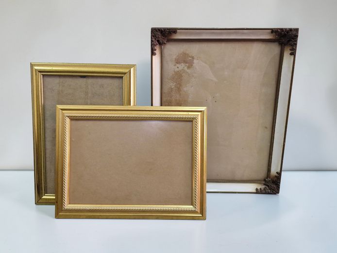 Vintage Ornate Frame with Convex Glass & Two Modern Gold Frames