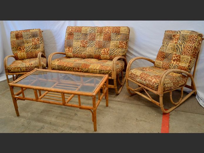 CANE 3-PIECE, 4-SEATER PATIO SET WITH CUSHIONS & MATCHING GLASS TOP COFFEE TABLE [Some weathering]