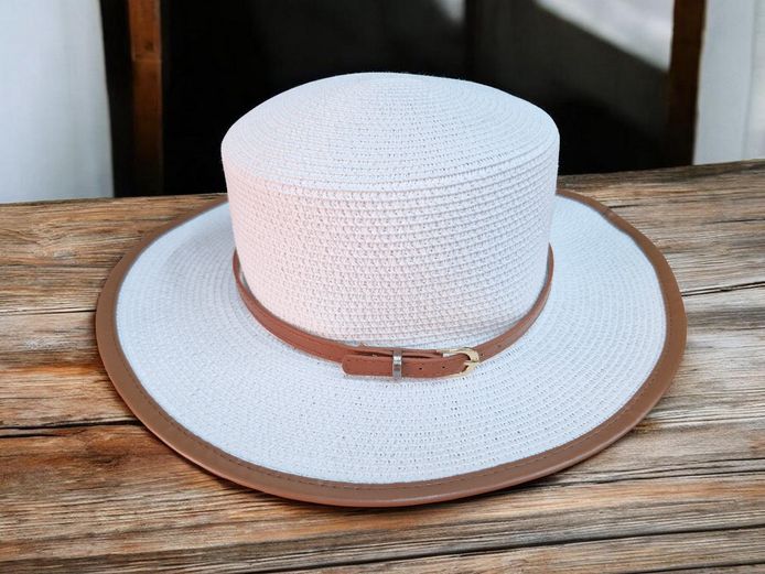 White Boater Straw Hat with Faux Leather Band & Rim
