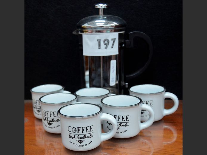 STAINLESS STEEL & GLASS FRENCH PRESS WITH 6 MUGS
