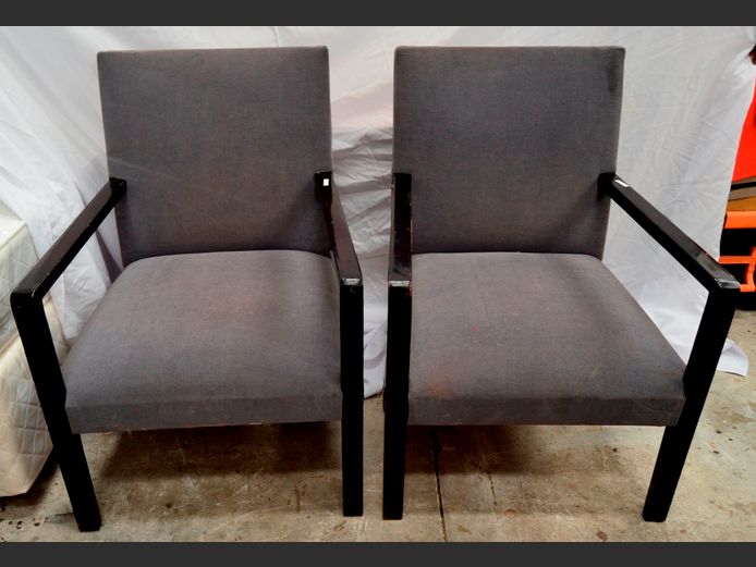 PAIR BLACK PAINTED ARMCHAIRS WITH GREY UPHOLSTERY [Need a clean, some scuff marks]