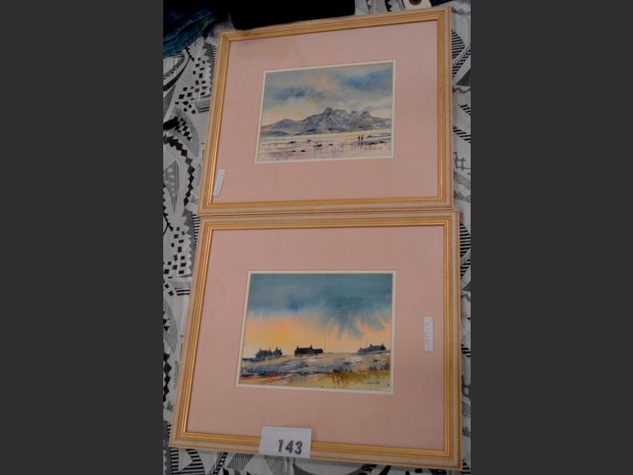 PAIR FRAMED WATERCOLOURS "FARM HOUSES" SIGNED JIM McINTYRE, 21 x 16cm