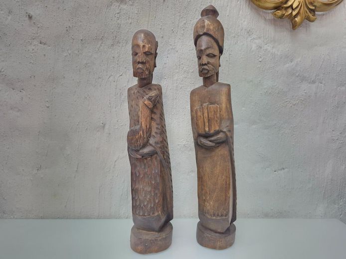 Pair of African Hand-Carved Wooden Figures - Tribal Folk Art