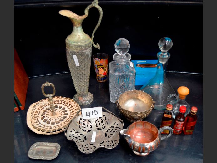 DECANTERS WITH STOPPERS, VINTAGE CASH BOX, etc