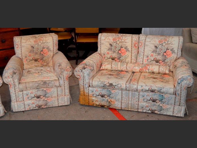 FLORAL UPHOLSTERED 2-SEATER COUCH WITH MATCHING ARMCHAIR [Need re-covering]