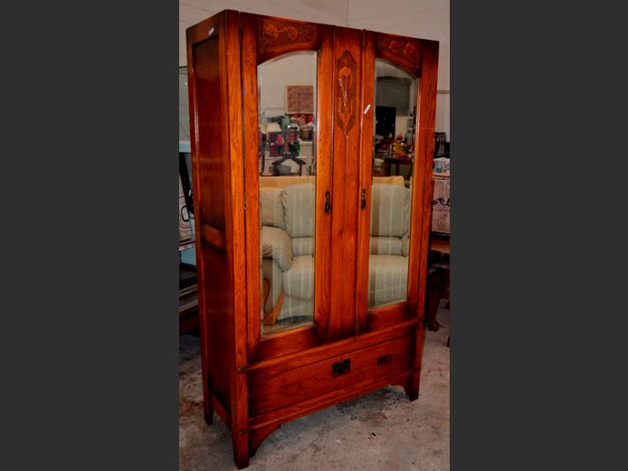 OAK 2-DOOR, SINGLE DRAWER WARDROBE WITH BEVELLED MIRRORS, 106 x 43 x 185cm