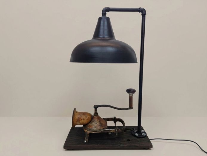 Upcycled Industrial Steampunk Desk Lamp with Vintage Hand-Crank Grain Mill Mount