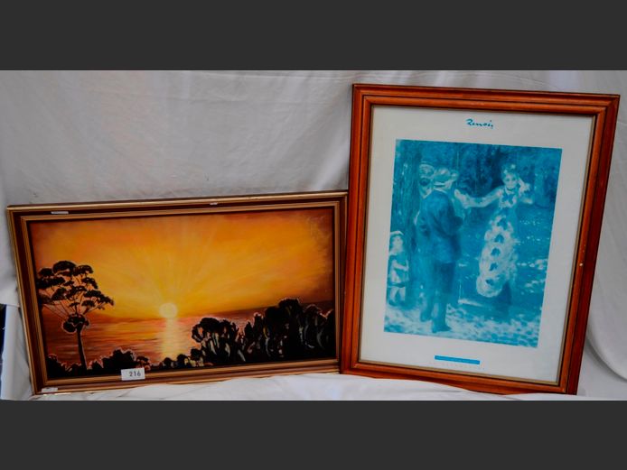 GILT FRAMED OIL "LANDSCAPE" & A FRAMED PRINT "LA BABINCOIRE" BY RENOIR, 88 x 49cm & 60 x 45cm