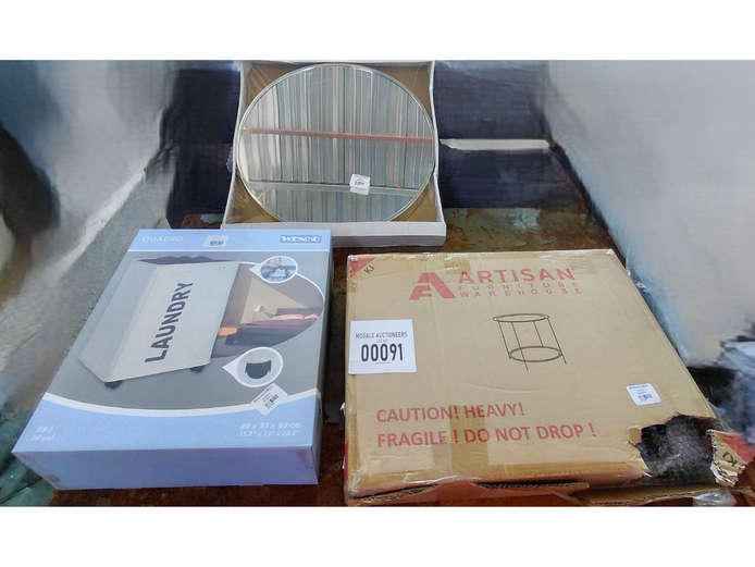LOT OF ROUND MIRROR/ LAUNDRY BASKET/ ARTISAN COFFEE TABLE 