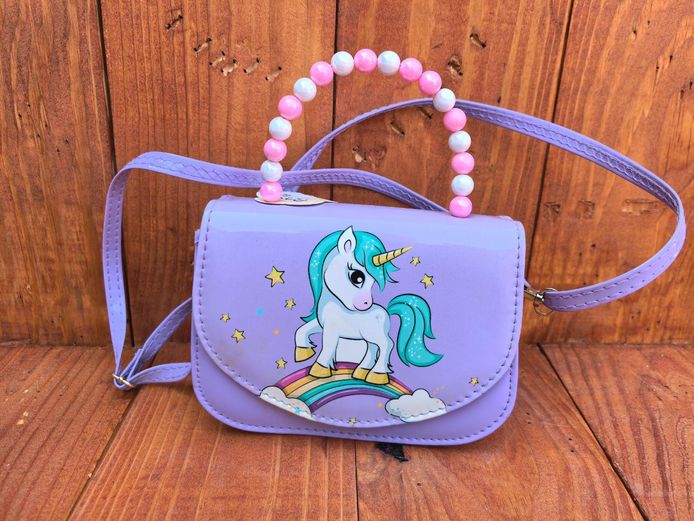 Unicorn & Rainbow Crossbody Purse with Pink Beaded Handle