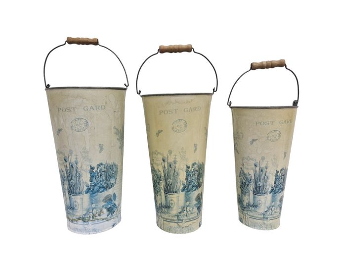 Trio of Vintage French Country Botanical Metal Buckets