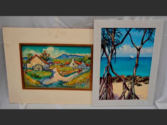 FRAMED OILS ON BOARD: COTTAGES & ISLAND SCENE, 58 x 38cm & 52 x 35cm