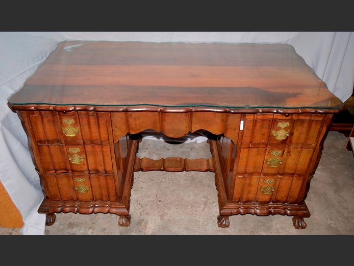 IMBUIA BALL & CLAW 6-DRAWER, 2-DOOR PARTNER'S DESK WITH GLASS TOP, 143 x 82 x 75cm [Water marks]