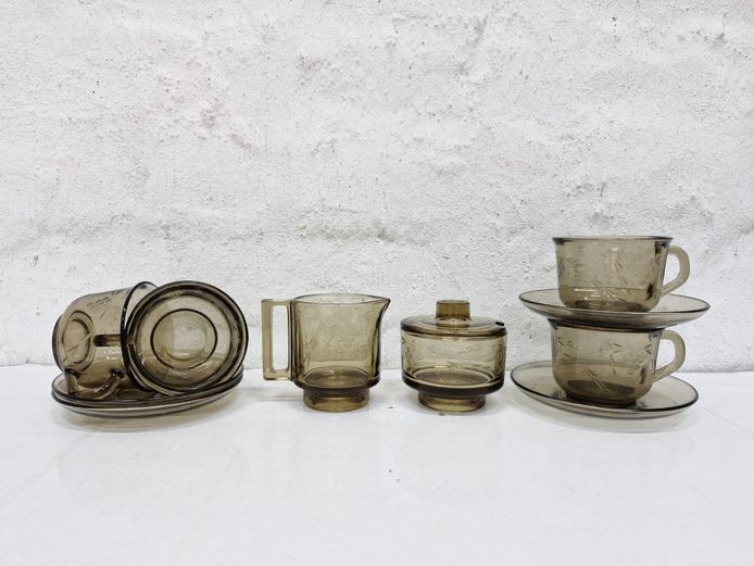 Vintage Arcoroc France Smoked Glass Tea Set with Sugar Bowl & Milk Jug