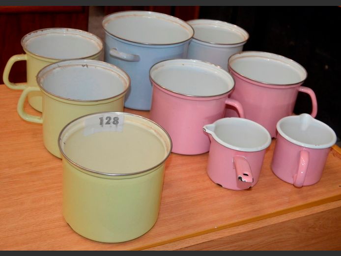 RIESSWERKE ENAMEL POTS, SAUCEPANS & A MILK JUG