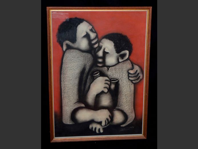 FRAMED CHARCOAL "MOTHER & CHILD" SIGNED DAVID MBELE, 62.5 x 44cm