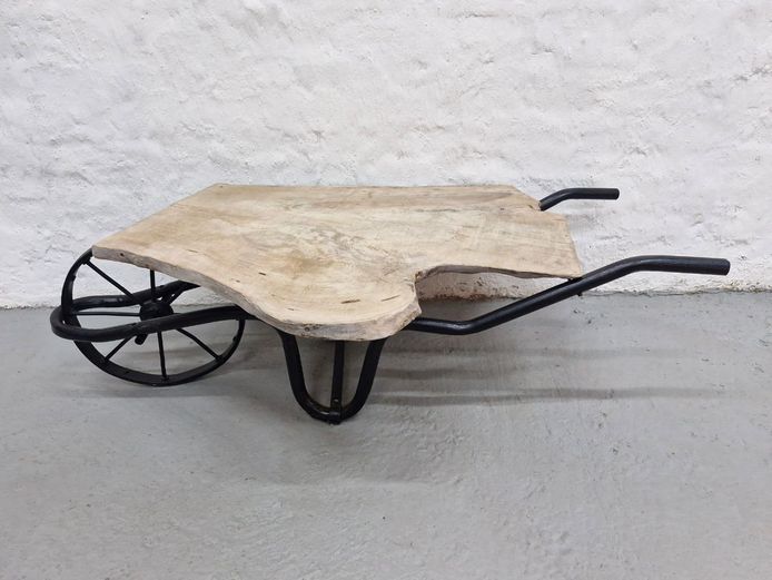 Rustic Live-Edge Wood and Industrial Metal Wheelbarrow Coffee Table