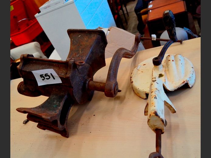 VINTAGE CAST IRON MINCER & A VINTAGE SLICER