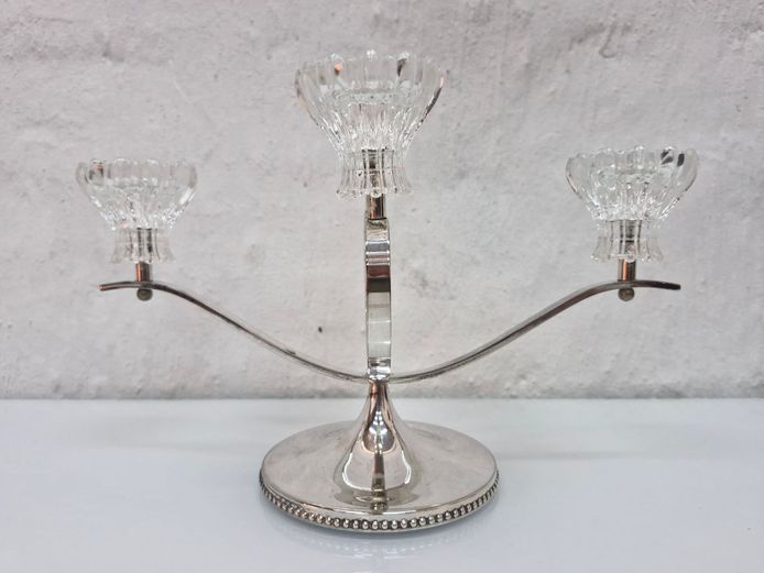 Vintage Silver-Plated and Crystal 3-Light Candelabra