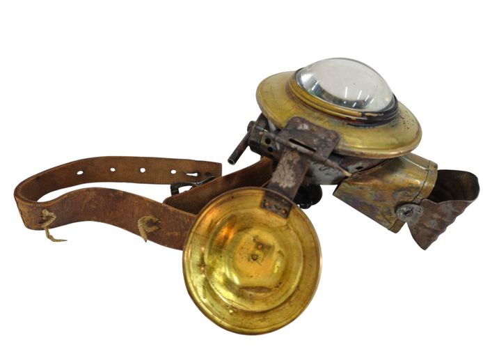 Antique "Brilliant Search Light" Brass Miner’s Lamp with Leather Strap