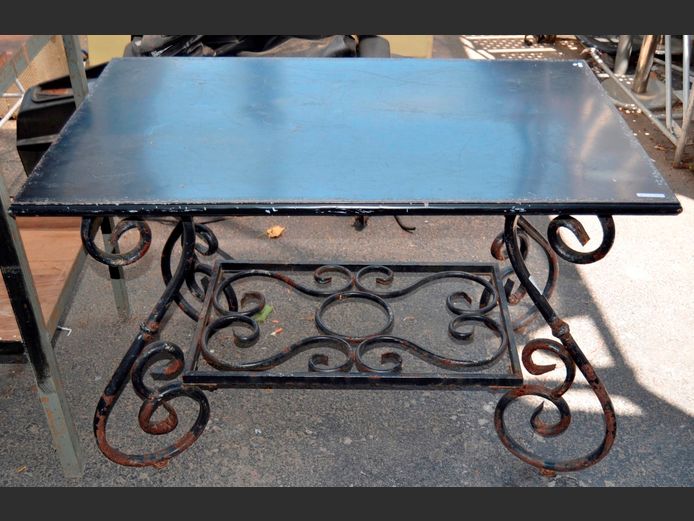 WROUGHT IRON BASE PATIO TABLE, 104 x 71 x 74cm [Rusted]