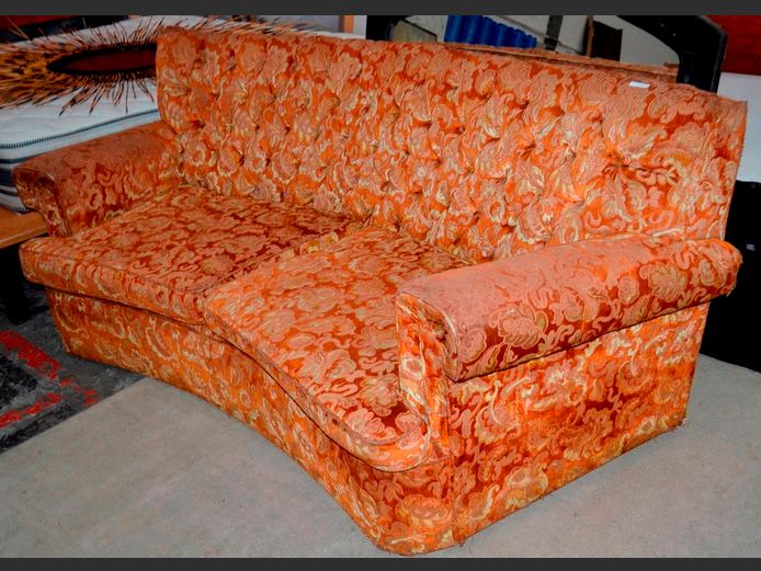 BROWN & BEIGE UPHOLSTERED CURVED BUTTON BACK COUCH, 183 x 85cm [Worn, needs re-covering]