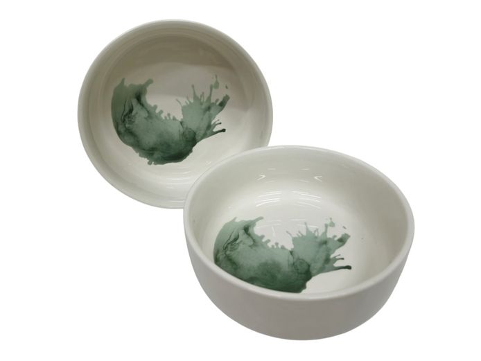Contemporary Ceramic Serving Bowls with Sage Green Abstract Splatter Motif