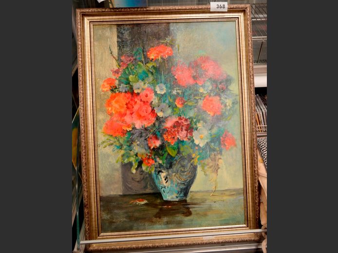 SILVER GILT FRAMED OLEOGRAPH "STILL LIFE" SIGNED DINGEMANS, 85 x 59cm