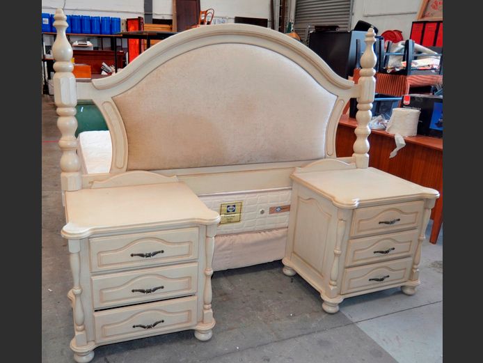 FRENCH STYLE QUEEN SIZE HEADBOARD WITH PAIR 3-DRAWER BEDSIDE PEDESTALS