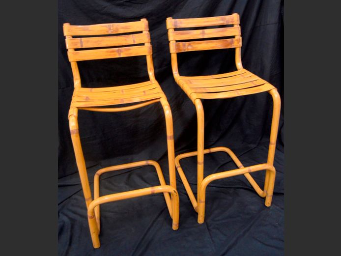 PAIR CANE BAR CHAIRS, 77cm High [1 seat slat needed]
