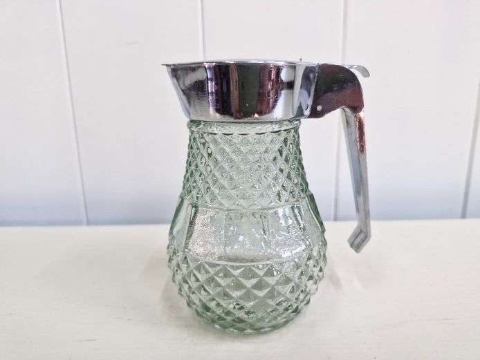 Retro 1950s Green Pressed Glass Syrup Pitcher