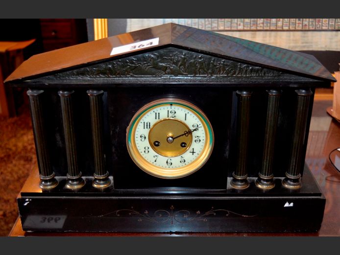 VICTORIAN SLATE ARCHITECTURAL MANTEL CLOCK, 50 x 13 x 32cm [Some chips]