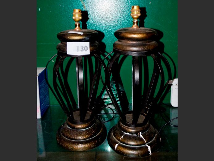 PAIR BLACK METAL TABLE LAMPS, 45cm High [Base to 1 broken]