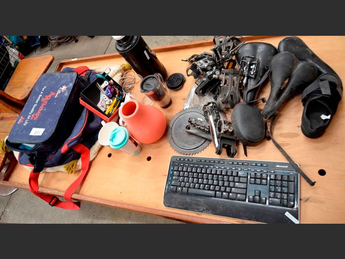 LOT: BICYCLE PARTS, PICTURE FRAMES, VASE, FLASK, etc