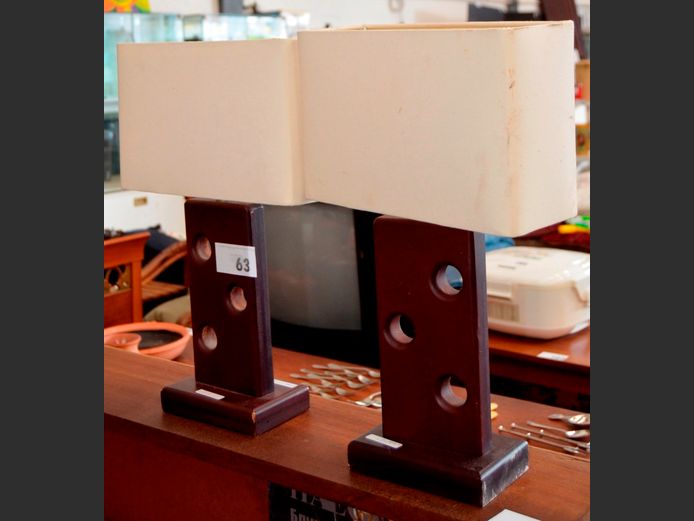 PAIR WOODEN LAMPS WITH SHADES, 48cm High