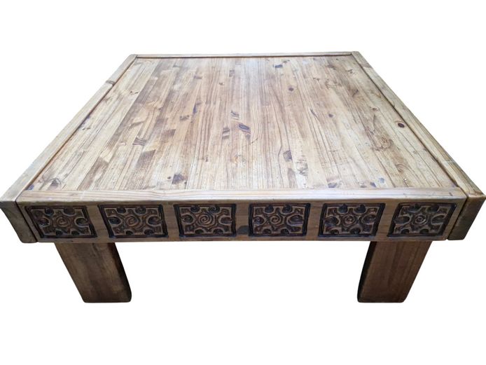 Large Carved Oregon Pine Square Coffee Table