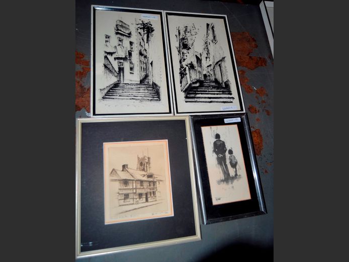 LOT OF 4 FRAMED PRINTS: PAIR STREET SCENES, FATHER & SON & ANOTHER