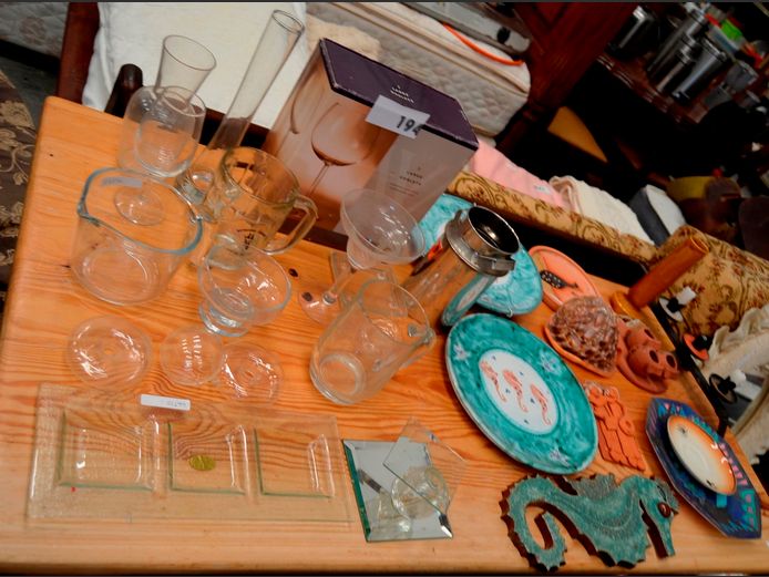 WINE GLASSES, JUGS, WALL PLATES, CANDLE STAND, etc