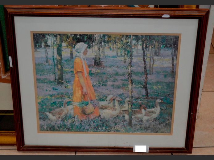 DARKWOOD FRAMED PRINT "LADY WITH GEESE", 57.5 x 44.5cm
