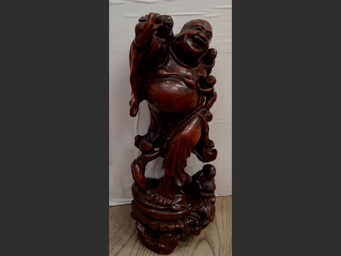 CARVED LAUGHING BUDDHA FIGURE, 37cm High
