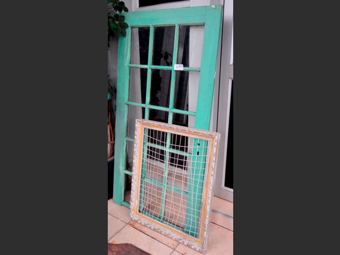 GREEN PAINTED WINDOW, 158 x 82cm & A PICTURE FRAME