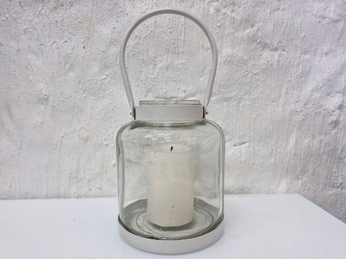 Clear Glass Jar Beach Lantern Candle Holder with White Metal Handle & Base
