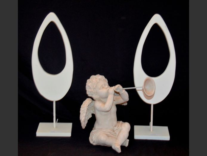 PAIR TEARDROP CENTREPIECES, 50cm High, & A HARP PLAYING CHERUB ORNAMENT, 31cm High