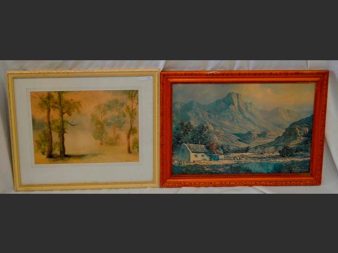 FRAMED WATERCOLOUR "TREES" SIGNED G. JONES & GABRIEL DE JONGH PRINT, 47 x 32cm & 35 x 25cm