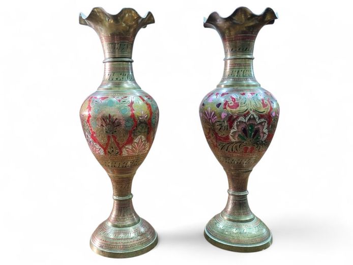 Tall Brass Vases with Hand Painted Etched Patterns
